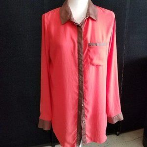 Free People Coral Long Sleeve Button Up Blouse Brown Collar and Cuffs Size Mediu